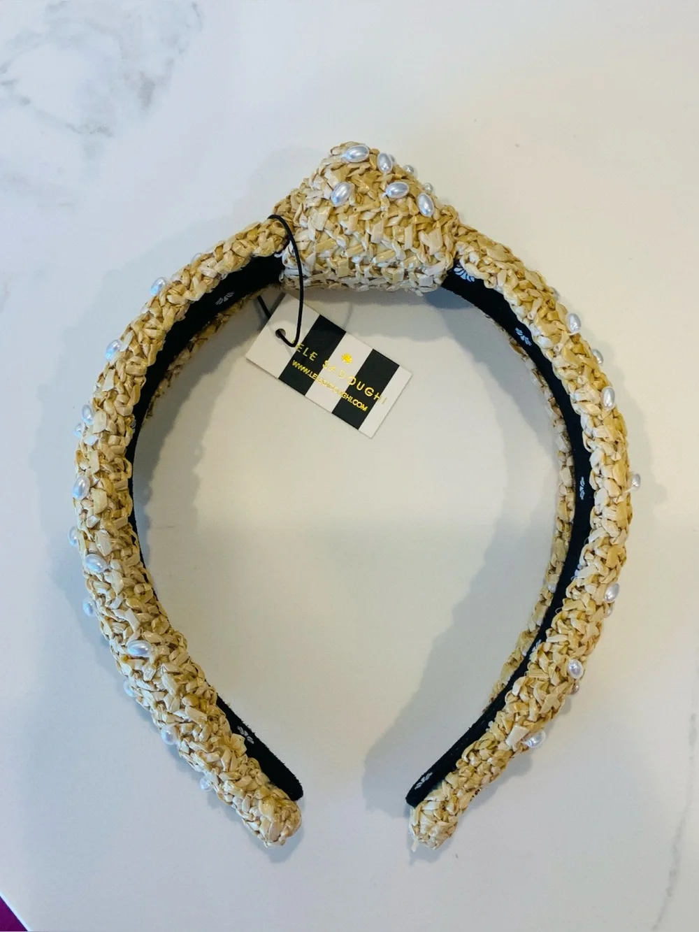 NEW Lele Sadoughi Slim Knotted Raffia Pearly Beaded Embellished Headband NWT